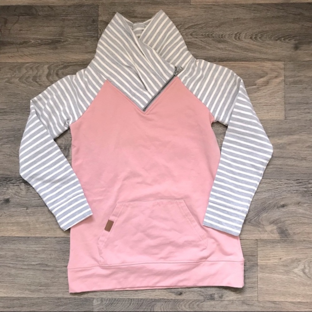 Maurices pink stripe sleeve zipper cowl neck pullover - Size Large